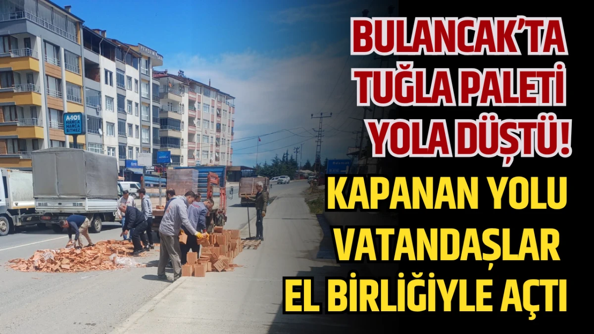 Bulancak&rsquo;ta tuğla paleti yola d&uuml;şt&uuml;!  Kapanan yolu vatandaşlar a&ccedil;tı